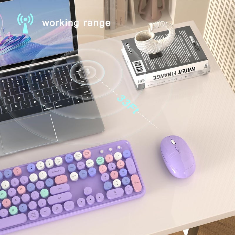 MPTOG Colorful Wireless Computer Keyboard and Mouse Combo with Round Typewriter Keycaps, Retro Design, Power Switch, Ergonomic Design, 2.4GHz Wireless for Windows, Mac, PC(Purple-Colorful) - Image 4